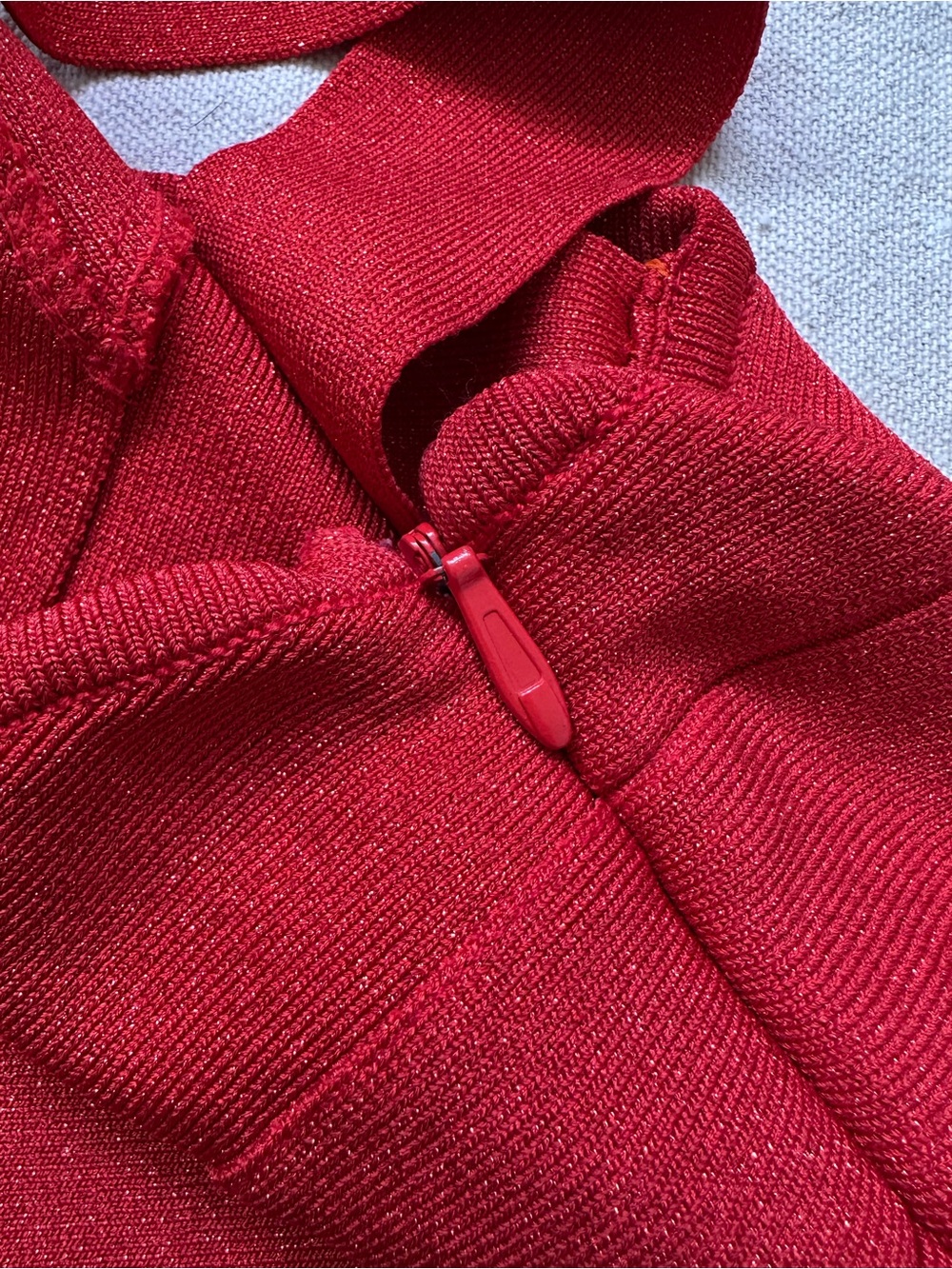 Bebe Addiction Red/Gold Foil Bandage Mini Dress Halter Neck Asymmetrical Hem XS - Picture 8 of 11